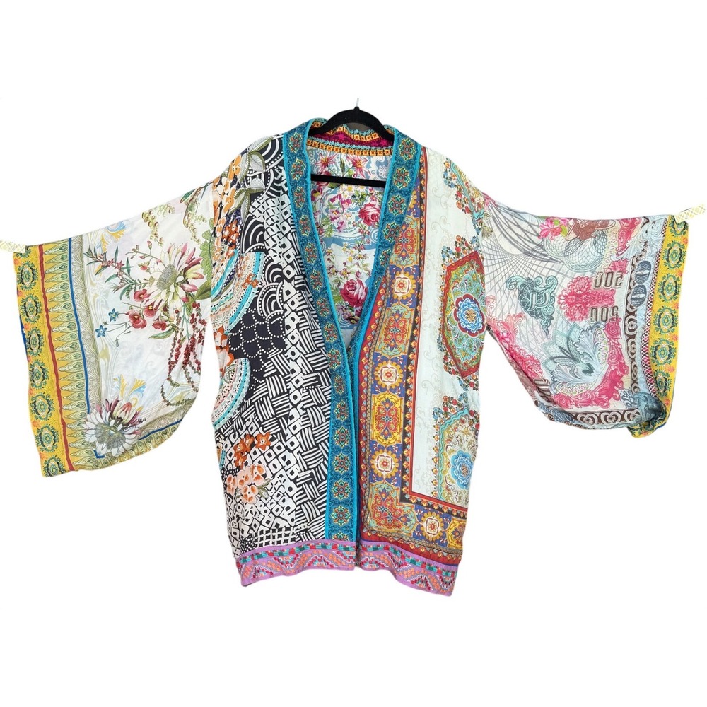 Silk Reversible Kimono Robe OS Multi Floral Paisley Butterfly Boho Festival Wrap - Picture 3 of 16